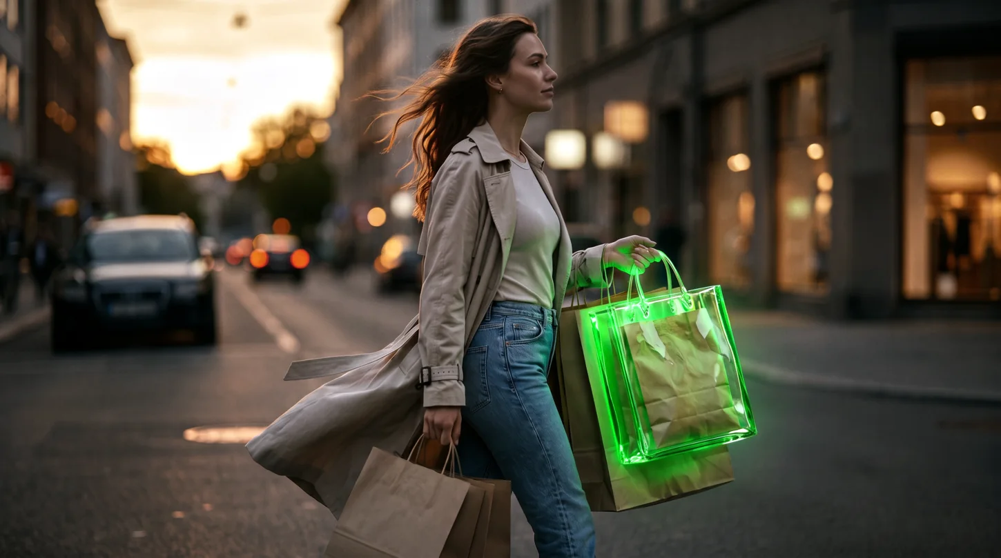 Woman walking with glowing shopping bags
