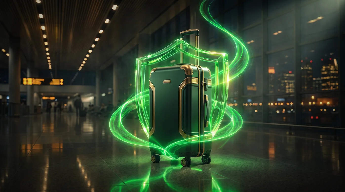 Suitcase protected by a glowing shield
