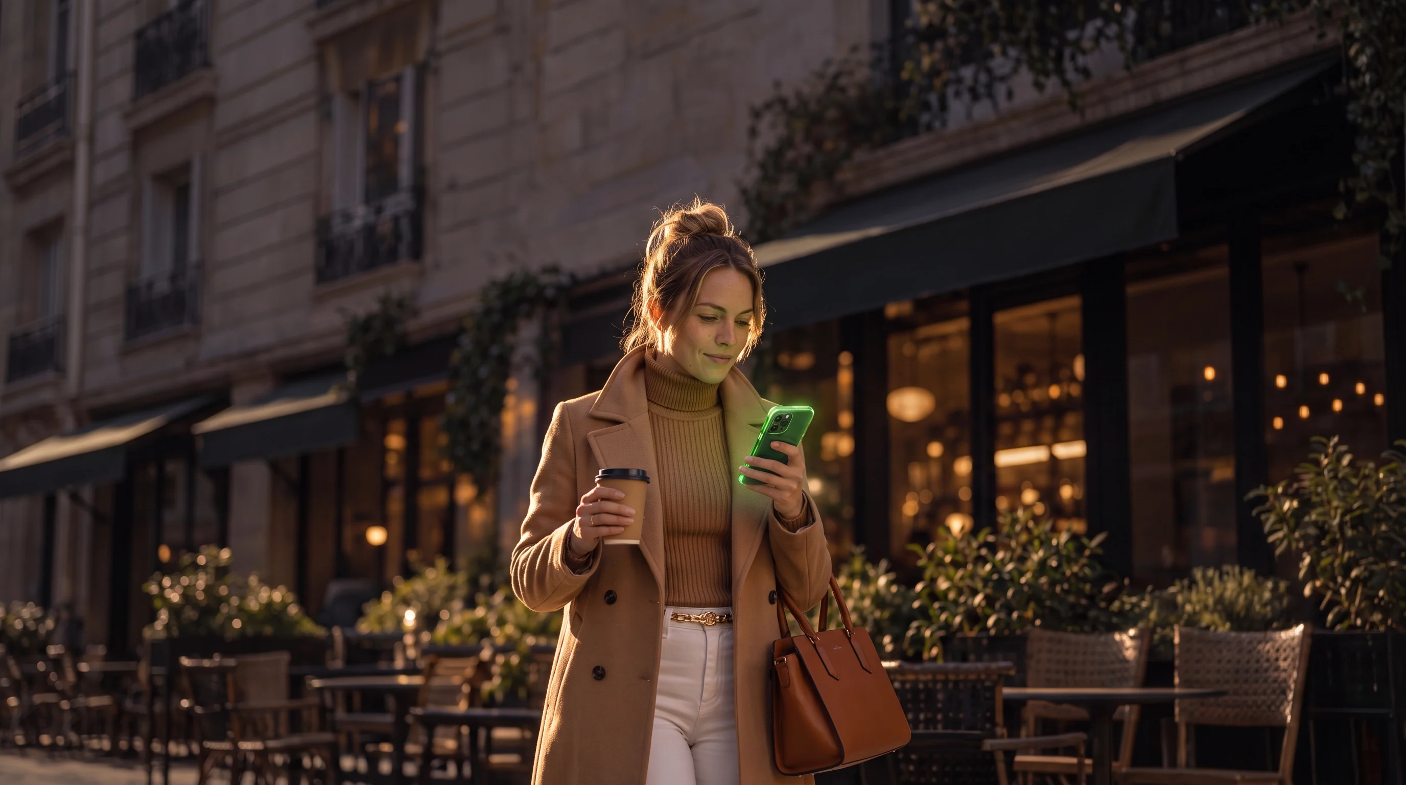 Woman with coffee using a glowing phone